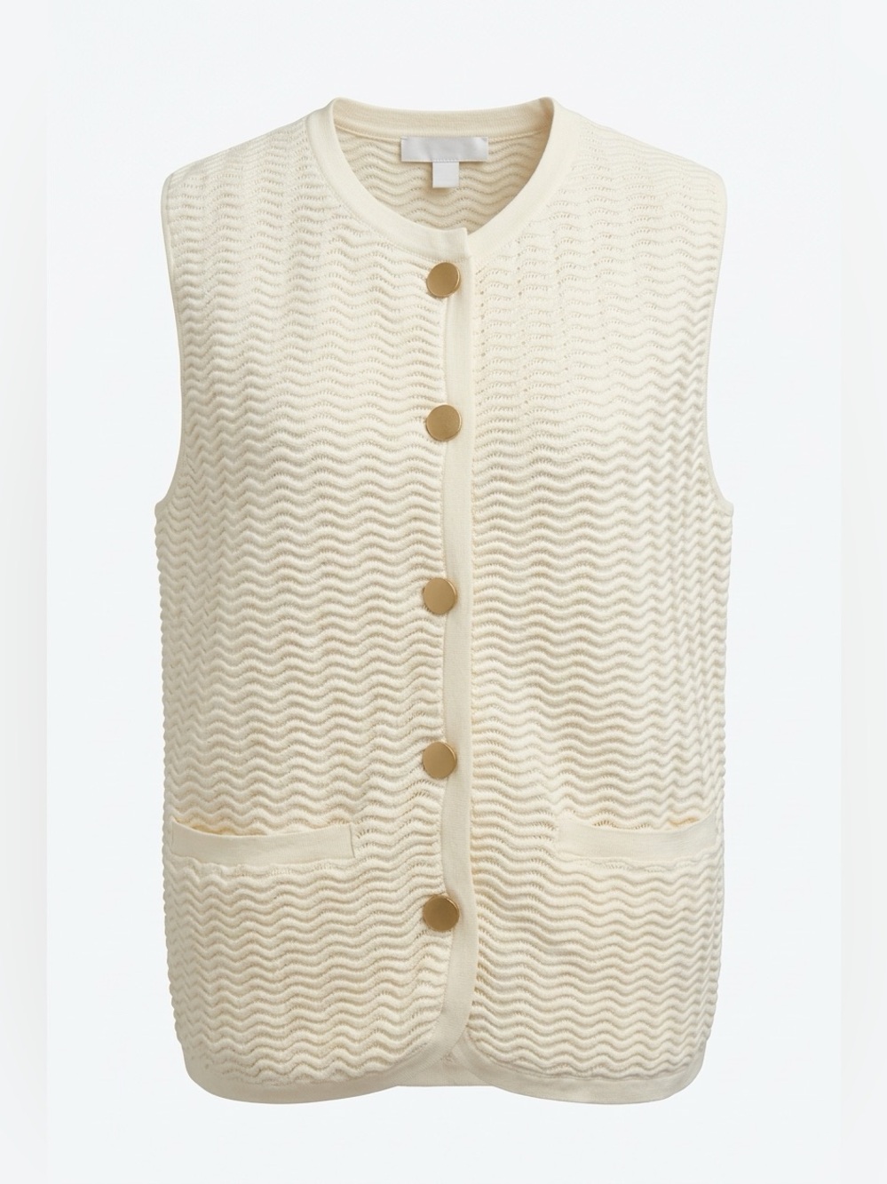 Rag & Bone Cream Textured Knit Button-Front Sleeveless Vest.with Gold Buttons
